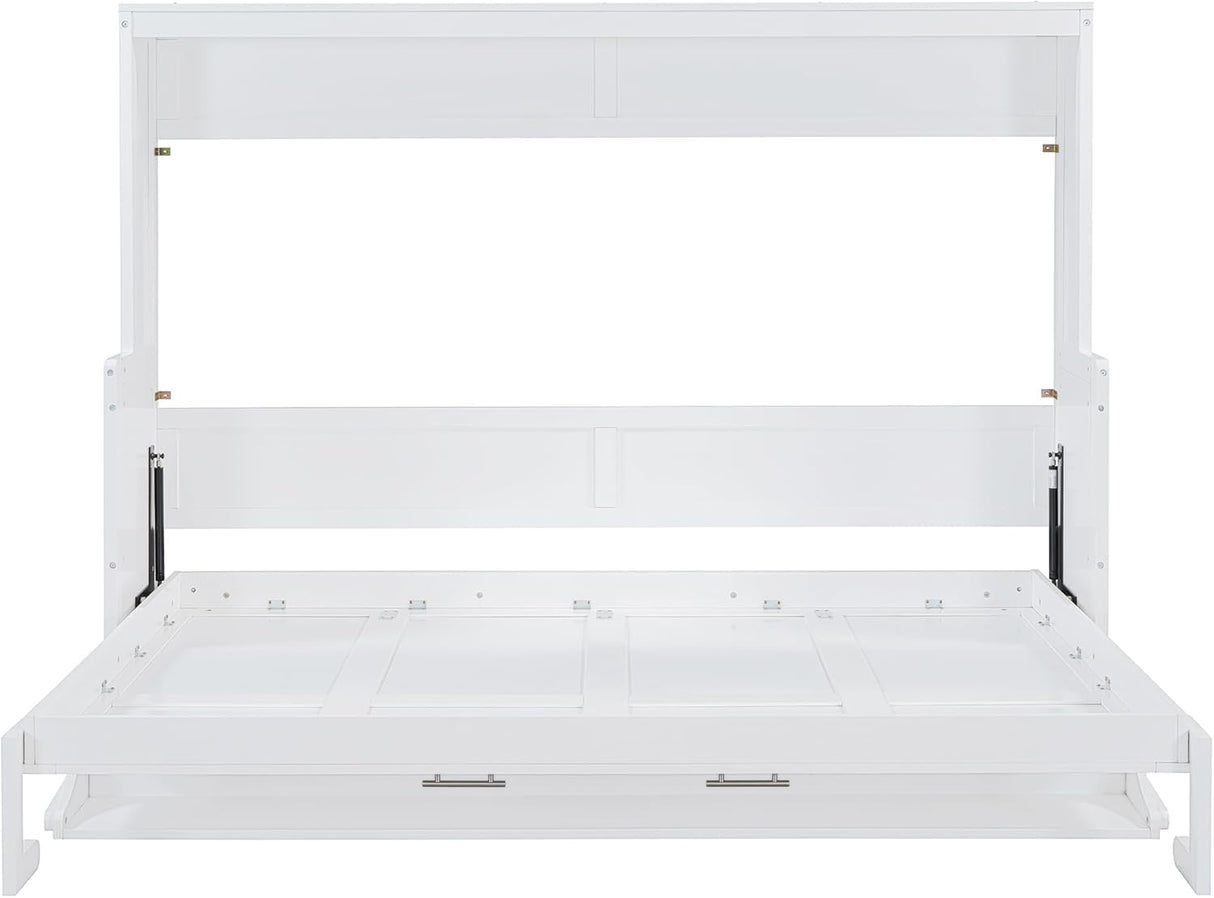 Virubi Queen Horizontal Hideaway Murphy Bed with Desk,Wood Fold Up Murphy Wall Bed for Adult,Guest Room Living Room (White,Queen) Virubi