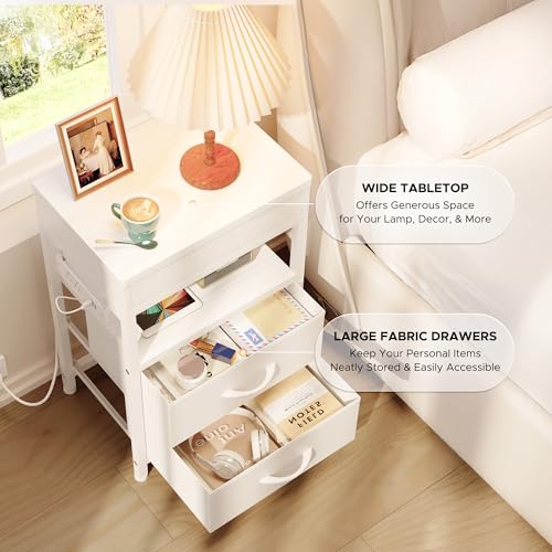 Nightstand Bedside Table Hidden Drawer - Night Stand with Charging Station and Sliding Top Storage, Bed Side Table with 2 Fabric Drawers, Modern Nightstand for Bedroom Dorm Living Room, White Lazzanto