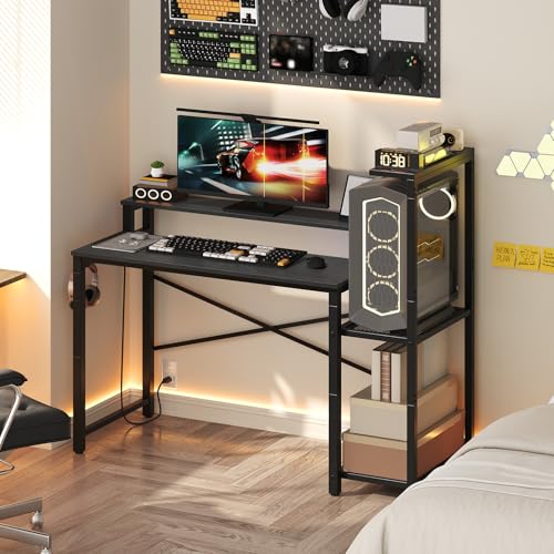 YATINEY Computer Desk with LED Light and Power Outlet, Small Gaming Desk with Monitor Stand, Reversible Game Table with 2 Side Hooks, Home Office Desk for Living Room, Bedroom, Black DN06UDBB YATINEY