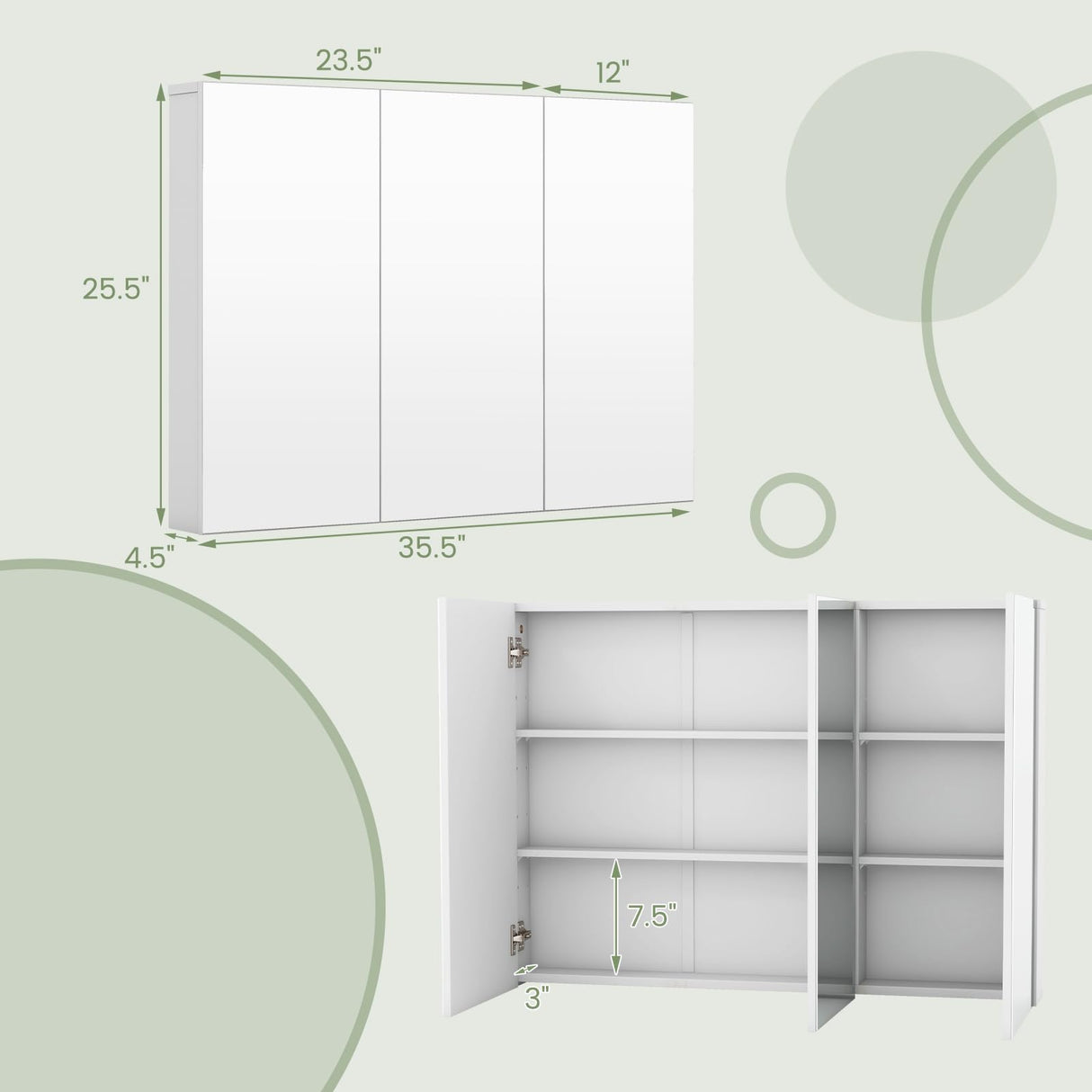 LDAILY Moccha Bathroom Mirror with Storage - Medicine Cabinet, Frameless Bathroom Wall Cabinet with 3 Doors and Shelves, Over Toilet Storage Cabinet, Recessed or Surface Mount Installation LDAILY