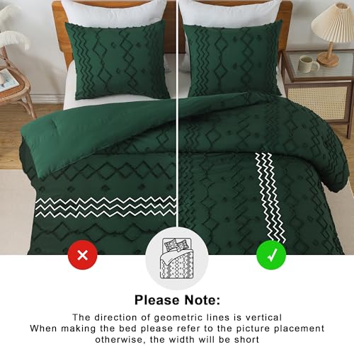 Andency King Size Comforter Set, 3 Pieces Dark Emerald Green Boho Tufted Geometric Shabby Chic Bedding, Soft Fluffy Farmhouse Bed Set, Jacquard Textured Comforter for All Season (104x90 Inch)