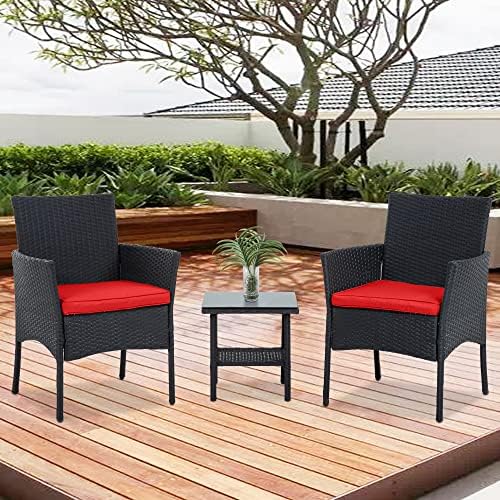 Ruesleag Patio Furniture 3 Pieces Outdoor Wicker Patio Furniture Conversation Set Patio Set Bistro Table Set for Backyard Porch Poolside Garden Balcony Lawn,Glass Coffee Table &RattanChairs Set,Red Ruesleag