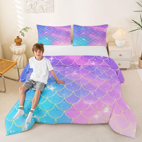 Feelyou Mermaid Scales Comforter Fish Scales Print Comforter Set for Girls Ocean Marine Themed Nature Bedding Set Purple Blue Room Decor Twin Size Duvet Set 2Pcs Boys Feelyou