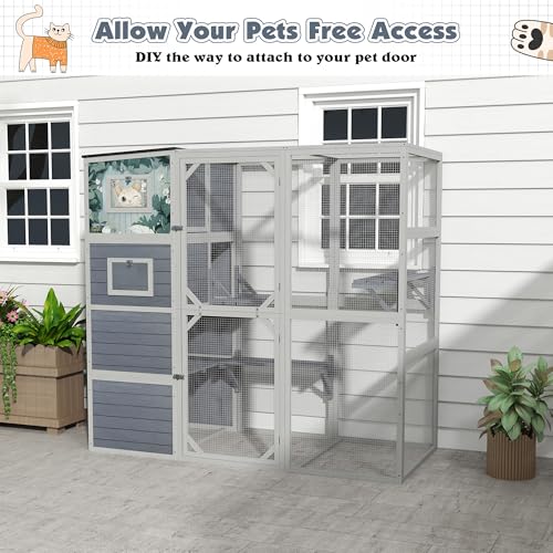 COZIWOW Large Wood Cat Catio, Outdoor Enclosure with Weatherproof Roof, 2 Resting Rooms, 2 Platforms, 4-Tier Cat Playpen (Grey with Pattern) COZIWOW
