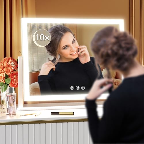 Gvnkvn Lighted Makeup Mirror, 17.3"x13" Hollywood Vanity Mirror with Led Lights, Three Color Lighting Modes, and 10X Magnification Mirror, Smart Touch Control, 360°Rotation (White, Gift Box) Gvnkvn