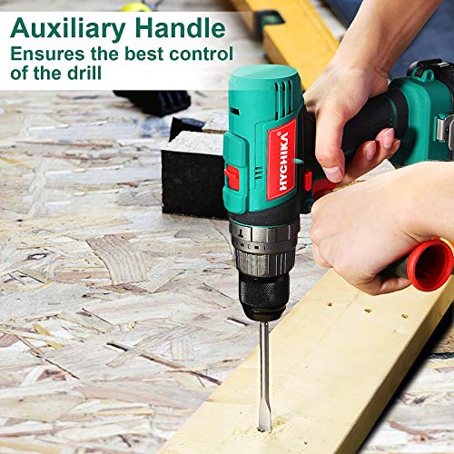 Cordless Hammer Drill Driver 18V, HYCHIKA 400 In-lbs Torque Power Drill with Auxiliary Handle, 1/2” Metal Chuck, 2.0Ah Battery, 1H Fast Charger, 21+3 Clutch, LED Light for Drilling Wood Metal Wall HYCHIKA BETTER TOOLS FOR BETTER LIFE