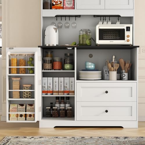 68"Tall Kitchen Pantry Storage Cabinet with Charging Station,Upgrade Freestanding Food Pantry with Wine Glass Holder ,Drawers and Shelves,Kitchen Hutch with Microwave Stand for Kitchens(White+Black) Gyfimoie