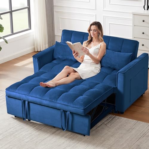 Thctvous 3 in 1 Pull Out Couch Bed, Convertible Futon Sofa Bed, Velvet Sleeper Loveseat for Small Living Room, Adjustable Backrest, Comfy Pillows, Side Pocket (Blue) Thctvous