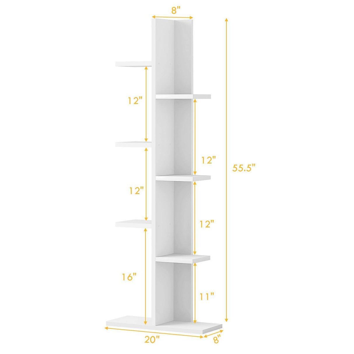 Tangkula 8 Shelf Bookshelf, Wood Tree Bookcase with 8 Book Shelf, 20 x 8 x 55.5 Inch, Freestanding 8 Tier Storage Display Shelf with Anti-toppling, Corner Shelf for Living Room Home Office (White) Tangkula