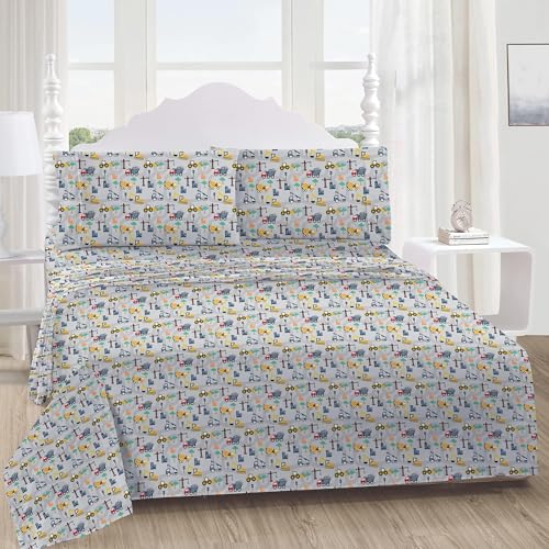 Softan Kids Bed Sheet Set, 3-Piece Twin Sheets Set, Microfiber Fitted Sheet with 15 Inches Deep Pocket and Corner Straps, Breathable & Silky Soft Excavator Pattern Sheet and Pillowcase Sets Softan