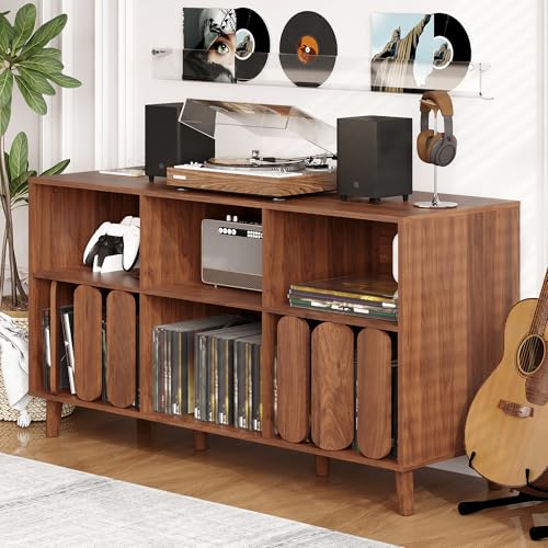 55 in Large Record Player Stand with Charging Station - Vinyl Record Storage Cabinet with 2 USB Ports, Open Shelves & Turntable Holder, Mid-Century Modern Wood TV Media Console for Living Room Garvee
