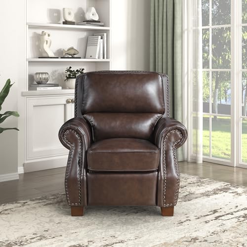 Lexicon Push Back Reclining Chair, Top Grain Leather Match Push Back Recliner Chair with Nailhead Trim, Rolled Arms, Solid Wood Legs, for Living Room/Apartment/Office, Easy Assembly, Brown