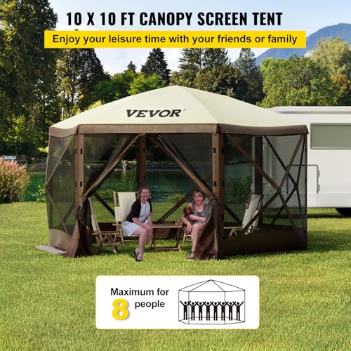VEVOR Pop Up Gazebo Screen Tent, Pop-Up Instant Gazebo Tents with Mosquito Netting Outdoor Canopy, 6 Sided Sun Shelter 10x10ft with 6 Removable Wind Cloths & 2 Mesh Windows, Pavilion Tent for Patio VEVOR