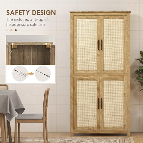 HOMCOM 64" Kitchen Pantry Storage Cabinet, Freestanding Kitchen Cabinet with 4 Rattan Doors, 4 Tier Shelves and Adjustable Shelf, Natural HOMCOM