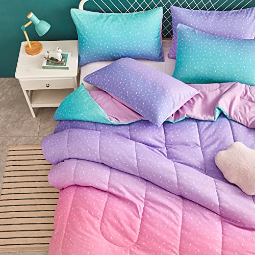 Yogeneg Rainbow Comforter Set Full/Queen Size for Teen Girls&Boys Women,Metallic Star Moon Printed Mermaid Comforter with 2 Pillowcase, Microfiber 3 Piece Bedding Set,All Season (Rainbow B, Queen) Yogeneg