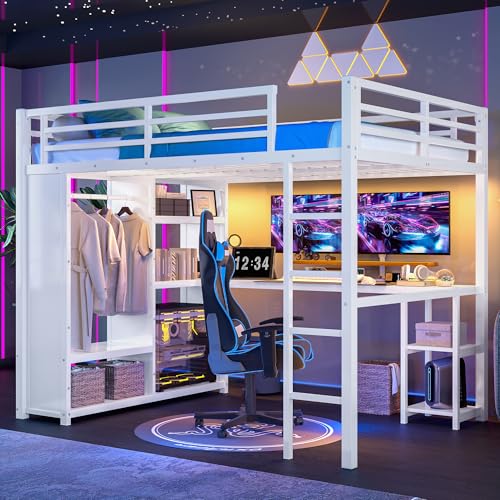Bellemave Queen Size Loft Bed with Desk, Wardrobe, Metal Queen Loft Bed Frame for Adults, Kids, Teens, White Bellemave