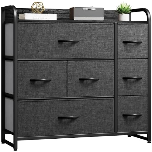 DWVO 7 Drawers Dresser, Organizer Unit for Bedroom, Fabric Dresser Storage Tower for Hallway, Entryway, Closets, Sturdy Steel Frame, Wooden Top DWVO