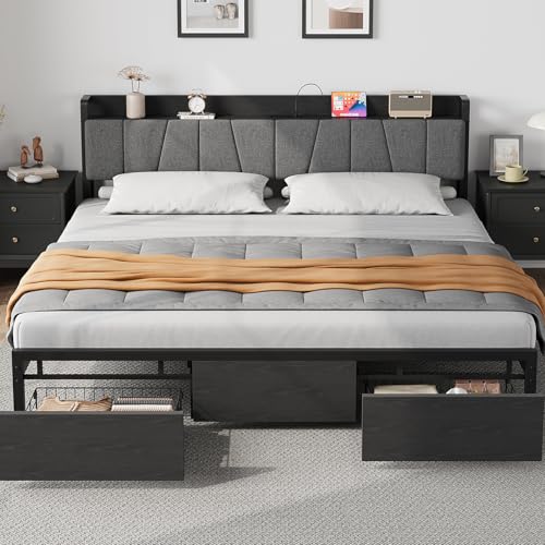 GarveeHome King Size Bed Frame with Storage Headboard, Black King Platform Bed with 2 Large Drawers and Charging Station, Industrial No Box Spring Needed Bedframe GarveeHome