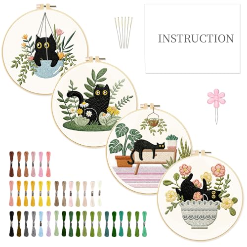 INFUNLY 4 Sets Cat Embroidery kit DIY Embroidery Kit for Beginners Cat Embroidery Set Plant Cats Cross Stitch Kit for Adults with Plastic Embroidery Hoops Threads and Instructions