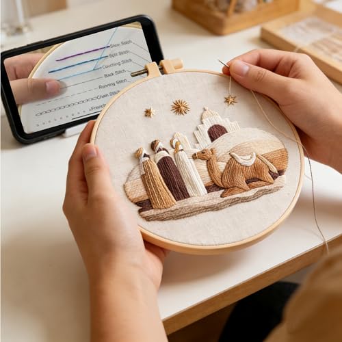 Myfelicity Embroidery kit,Adults Set,Nativity Scene Embroidery Hoop Art Set, Religious Christmas Theme, 3-Piece Collection with Angels and Manger Scene in White Embroidery Cloth
