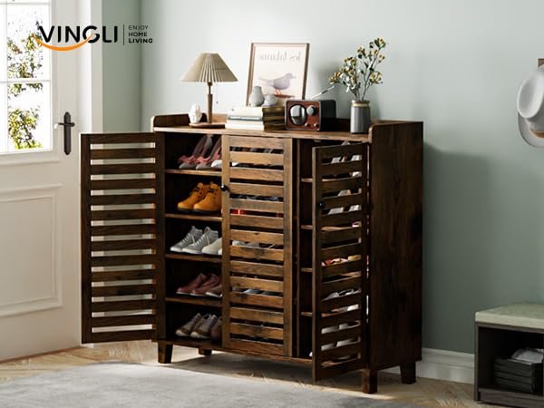 VINGLI Shoe Cabinet with Doors, Entryway Shoe Storage, Shoe Rack with Doors, Hidden Shoe Cabinet, Shoe Organizer Cabinet, Freestanding Shoe Rack Cabinet,Shoe Storage Cabinet,Shoes Cabinet Rustic Brown VINGLI