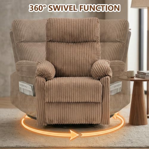 Manual Small Recliner Rocking Chair for Nursery/Relaxation, Corduroy Swivel Glider Recliner for Living Room Bedroom, Brown Rocking Chair Nursery Recliners for Small Spaces, Side Pockets (Brown)