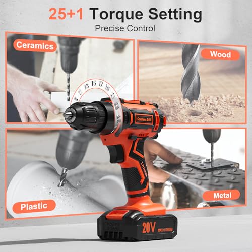 Cordless Drill, 20V Power Drill, Double 2000mAh Batteries Electric Drill, Cordless Drill with Battery and Charger, 3/8" Keyless Chuck Battery Drill with 25+1 Max 370 In-lb Torque, 42Pcs Drill Bits VIWKO