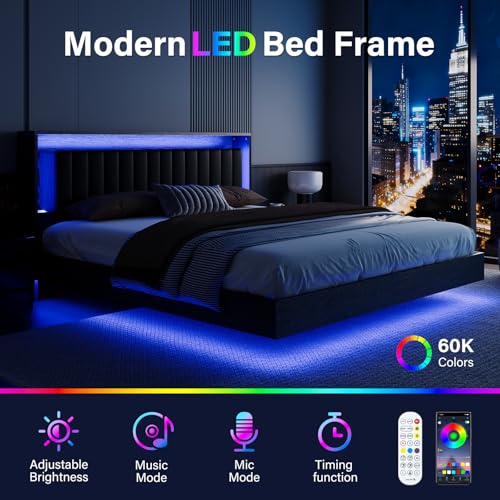 Belffin Floating Bed Frame King Size with LED Lights & Charging Station, Wooden Headboard with Hidden Storage and Faux Leather Backrest, Easy Cleaning, No Box Spring Needed, Noise-Free, Black Belffin
