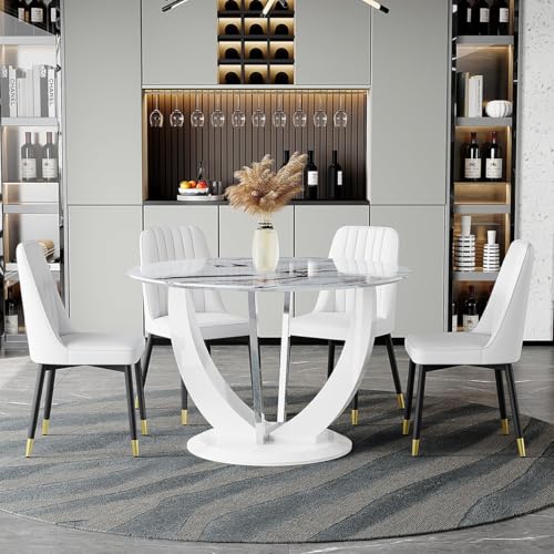 JUFU Round Dining Table Set for 4, 47" White Dinner Table Set for 4 with Marble Pattern Tabletop and PU Upholstered White-007 Chairs, Modern 4 Person Dining Table Set for Dinning Room, Kitchen, Café JUFU