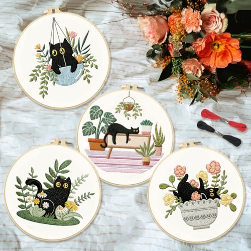 INFUNLY 4 Sets Cat Embroidery kit DIY Embroidery Kit for Beginners Cat Embroidery Set Plant Cats Cross Stitch Kit for Adults with Plastic Embroidery Hoops Threads and Instructions