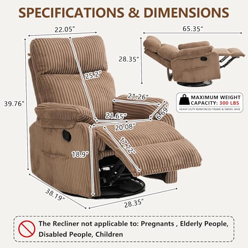 Manual Small Recliner Rocking Chair for Nursery/Relaxation, Corduroy Swivel Glider Recliner for Living Room Bedroom, Brown Rocking Chair Nursery Recliners for Small Spaces, Side Pockets (Brown)
