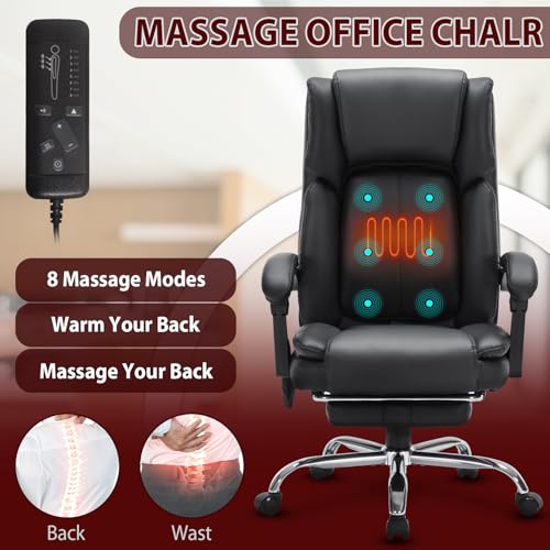 SleekJtre Massage Office Chair with Heat,Executive Desk Chairs with Foot Rest, Reclining Chair Big and Tall for Heavy People,4 Points Vibration 500lbs,Adjustable Lumar Support Black SleekJtre