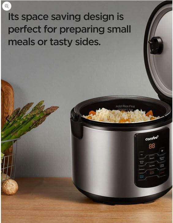 COMFEE' Compact Rice Cooker, 6-in-1 Stainless Steel Multi Cooker, Slow Cooker, Steamer, Saute, and Warmer, 2 QT, 8 Cups Cooked(4 Cups Uncooked), Brown Rice, Quinoa and Oatmeal, 6 One-Touch Programs COMFEE'