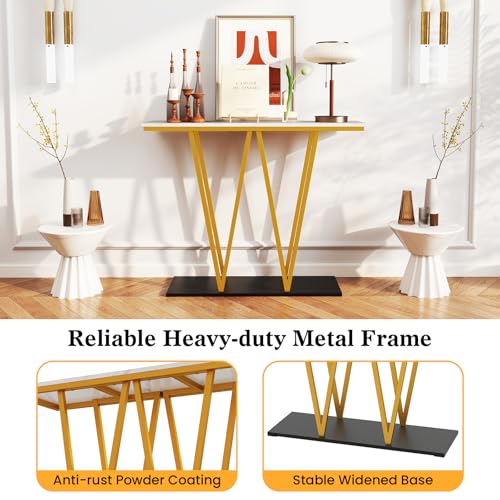 Giantex Gold Console Table, 40” Entryway Table with Faux Marble Top & Sturdy Metal Base, Modern Accent Sofa Table for Entrance, Living Room, Hallway, Foyer Decoration, White Giantex
