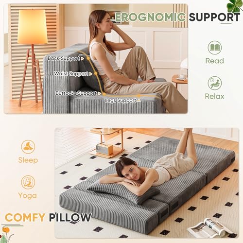 Homall Folding Sofa Bed, Floor Couch Convertible Sleeper Chair with Pillow, Comfy Futon Lounge Sofas, Portable Fold Out Chair Bed for Living Room, Small Space (Corduroy, Slate Grey) Homall