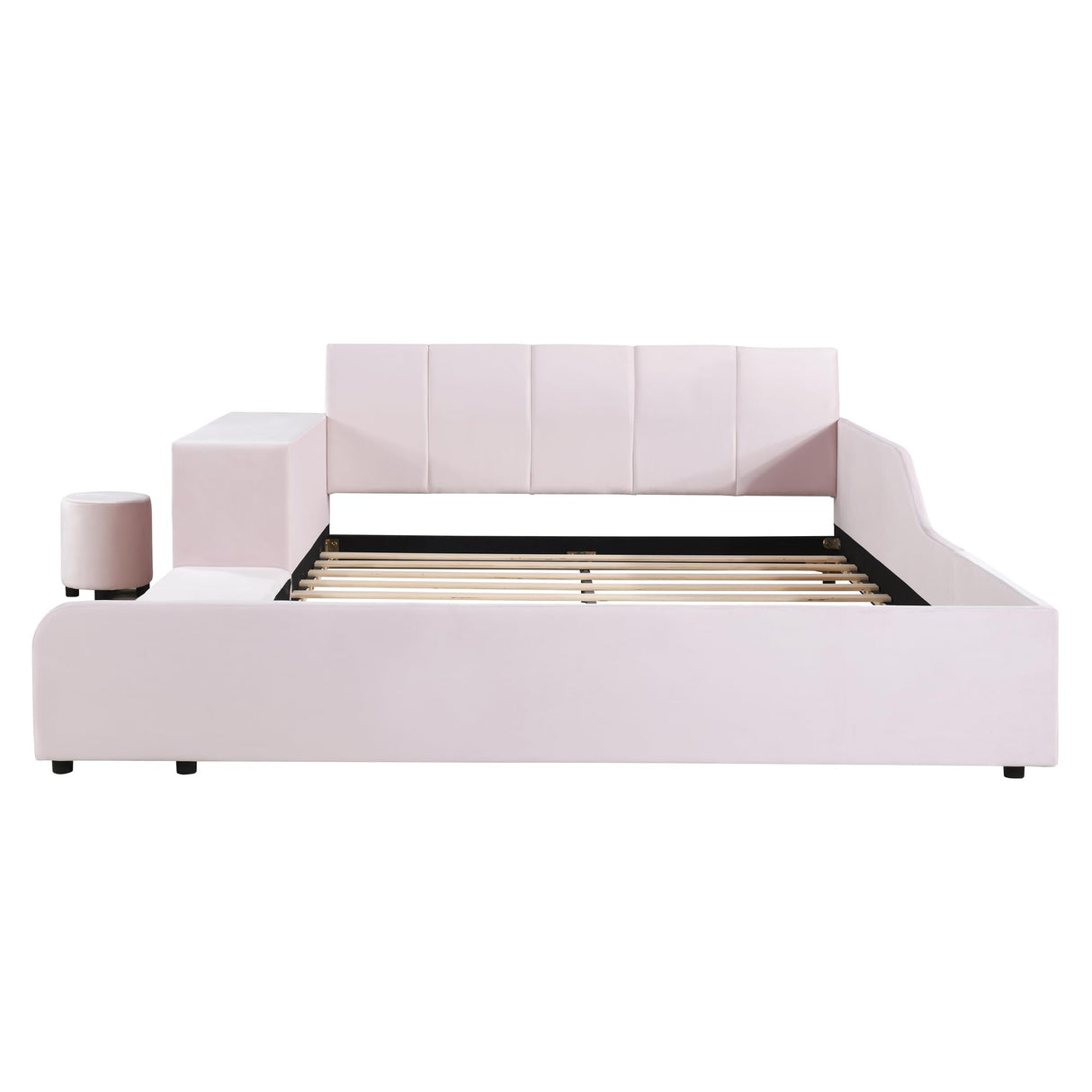 Velvet Upholstered Grounded Bed Platform Bed, Wooden Queen Size Mother & Child Bed Frame with Bedside Desk and Little Round Stool, Kids Adults Bedroom Furniture Floor Bed Platform Bed (Pink Bed) CJLMN