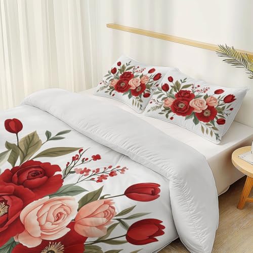 White 3 Piece Duvet Cover Set, 1 Printed Zipper Closure Duvet Cover with 2 Pillow Shams, Ultra Soft Brushed Microfiber Single with Minimalist Floral Retro Generic