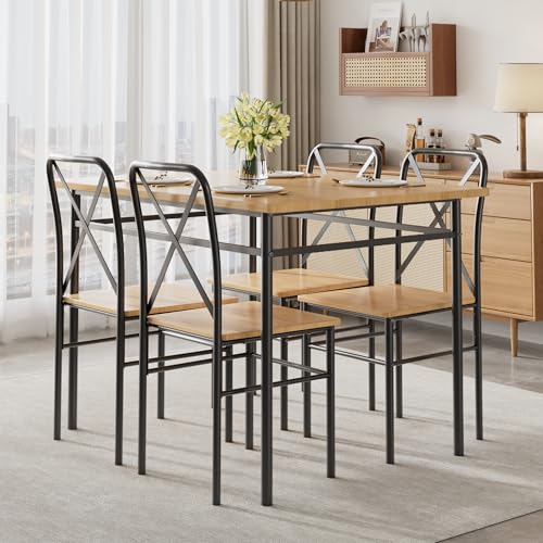 VECELO 5-Piece Kitchen Dining Table Set, Wood Tabletop & Heavy-Duty Metel Frame, Rectangle Dinette with 4 Chairs for Small Space, Breakfast Nook, Natural Black VECELO
