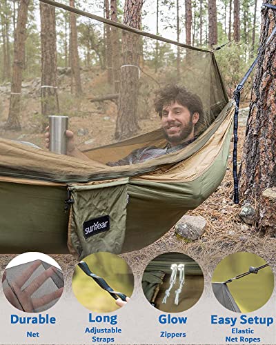 Sunyear Hammock Camping with Rain Fly Tarp and Net, Portable Camping Hammock Double Tree Hammock Outdoor Indoor Backpacking Travel & Survival, 2 Tree Straps,100% Waterproof Green Bundle Sunyear