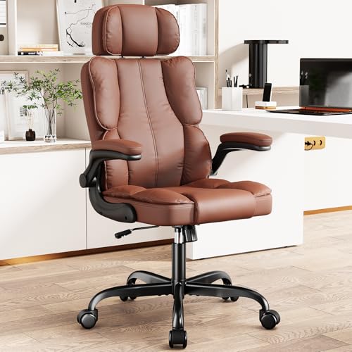 Kensaker Executive Leather Office Chair, Computer Chair with Thick Cushion & Lumbar Support, Ergonomic Desk Chair with Adjustable Headrest & Armrests,Brown Kensaker