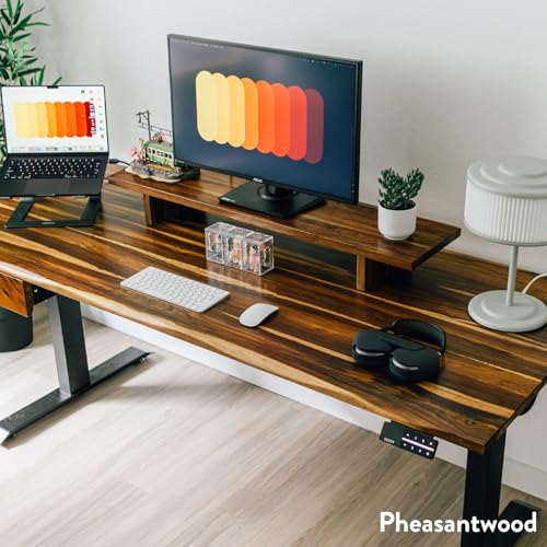 Desky Dual Hardwood Sit Stand Desk - 80x30 Electric Standing Desk - Dual Motor, 3 Stage Adjustable Height Desk - Solid Wood Standing Desk - Whole-Piece Top in Saman Wood Desky