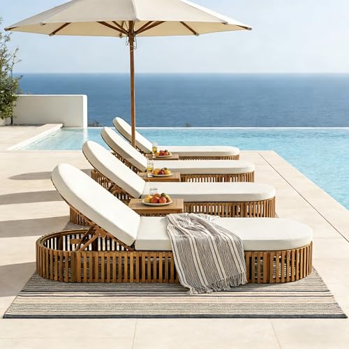 Merax Acacia Wood Chaise Lounge with Curved Cushion, Outdoor Sun Lounger for Patio, Poolside and Garden, Teak Finish Wood Recliner, 80.8" L, Supports 300 lbs, Cream