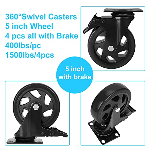 PRITEK 5 inch Caster Wheels Bearing 1800lbs 4 Pack Heavy Duty Rubber Plate Casters All with Safety Brake No Noise Lockable Swivel Casters (Include PRITEK