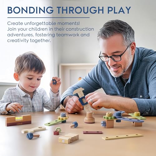 ROBUD Wooden Toy Workbench, Large Kid's Wooden Play Tool, Pretend Play Creative Building Set, Construction Workshop Tool Bench Toys, Gift for Girls & Boys, 3+ ROBUD