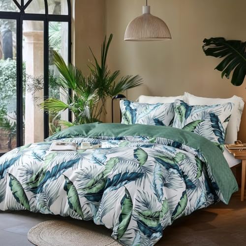 OAITE Duvet Cover King Size,Reversible Summer Leaf Green Duvet Cover Set with Zipper Closure, 3 Pieces Modern Patterns Soft Microfiber Bedding Set with 8 Ties(104’’*90’’,2 Pillow Cases) OAITE