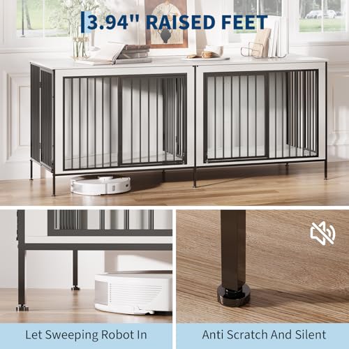 79‘’ Double Dog Crate Furniture, XL Dog Kennel Indoor, Heavy Duty Double Dog Crates for Medium/Large Dogs, Dog Kennel Furniture Indoor As TV Stand, Rustic White IDEALHOUSE