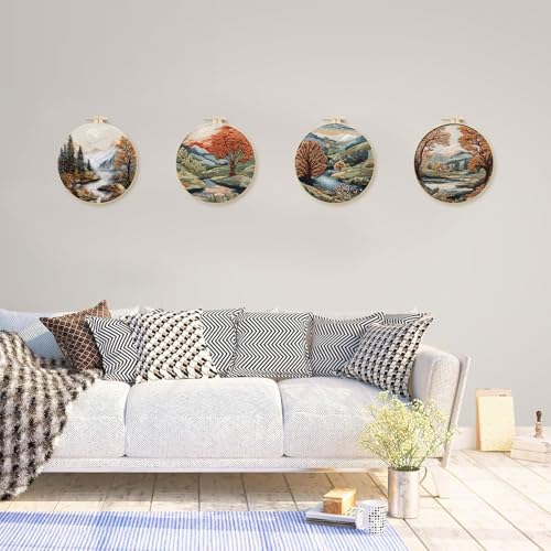 SCECALA 4 Pack Embroidery Kit for Beginners - Nature Landscape Beginner Embroidery Kit for Adults with Embroidery Pattern, Hoop, Complete Supplies DIY Craft for Adults Sewing Hobby, 1pc Hoops
