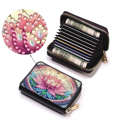 Credit Card Holder, DIY Diamond Art Painting Zipper Credit Cards Wallet for Women Accordion Card Cases Holder KeyChain Wallet-Pink Flower WoodArtSupply