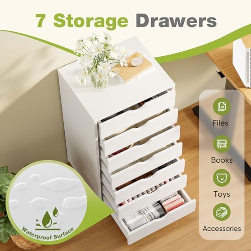 Sweetcrispy 7 Drawer Chest Mobile Storage Cabinets Wooden Dresser with Wheels Room Organization Furniture for Office, Pure White Sweetcrispy