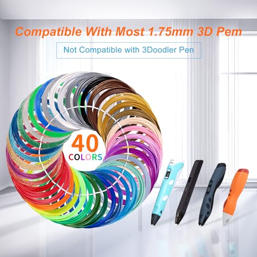 Kretrum 3D Pen Filament Refills 40 Colors, 3D Printer PLA 1.75mm Filament,Each Color 3M, Total 120M (394 Feets), Sparkly Glitter Transparent Glowing Filament, Compatible with MYNT3D SCRIB3D 3D Pens Kretrum